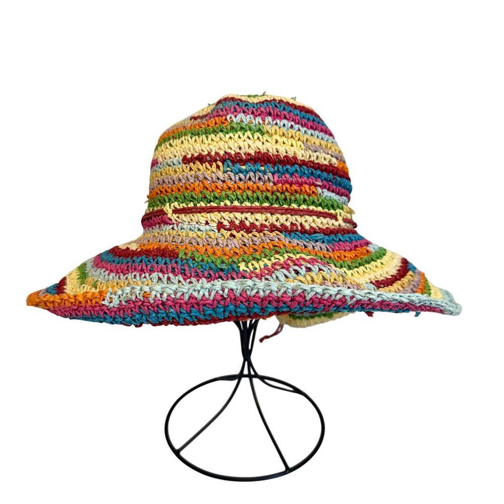 Jacobson Straw Crochet Sun Hat OS Colorful Wide Brim Boho Summer Beach Festival